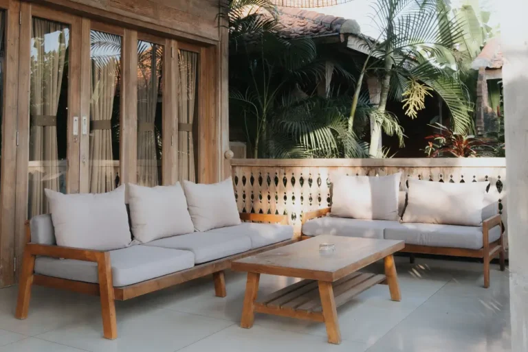 Outdoor Terrace Lounge surrounded by Lush Balinese Gardens at Rimbun Villa