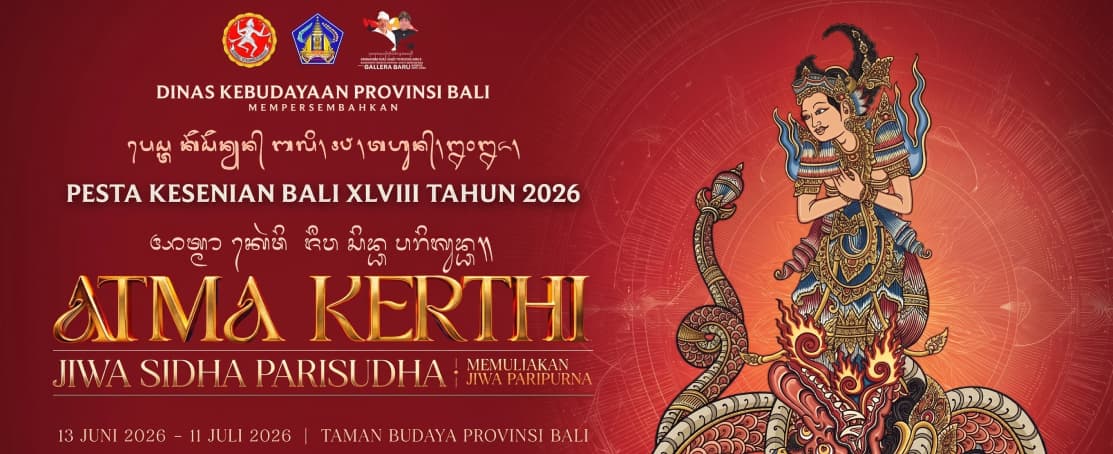 Official poster for the Bali Arts Festival 2026 (Pesta Kesenian Bali XLVIII) featuring traditional Balinese iconography.