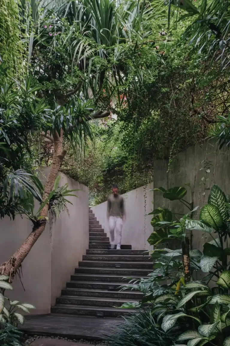 A guest with motion blur walks down a striking stone and wood staircase that is flanked by minimalist concrete walls and surrounded by dense, overhanging tropical plants and trees.