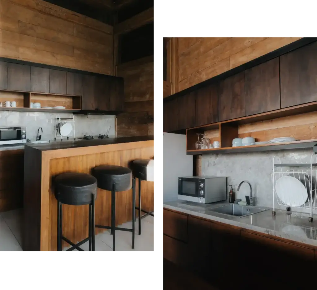 A two-panel photo showcasing the stylish mini pantry in a Rimbun Canggu Villa, featuring dark wooden cabinetry, concrete countertops, a breakfast bar with leather stools, a sink, and a microwave.