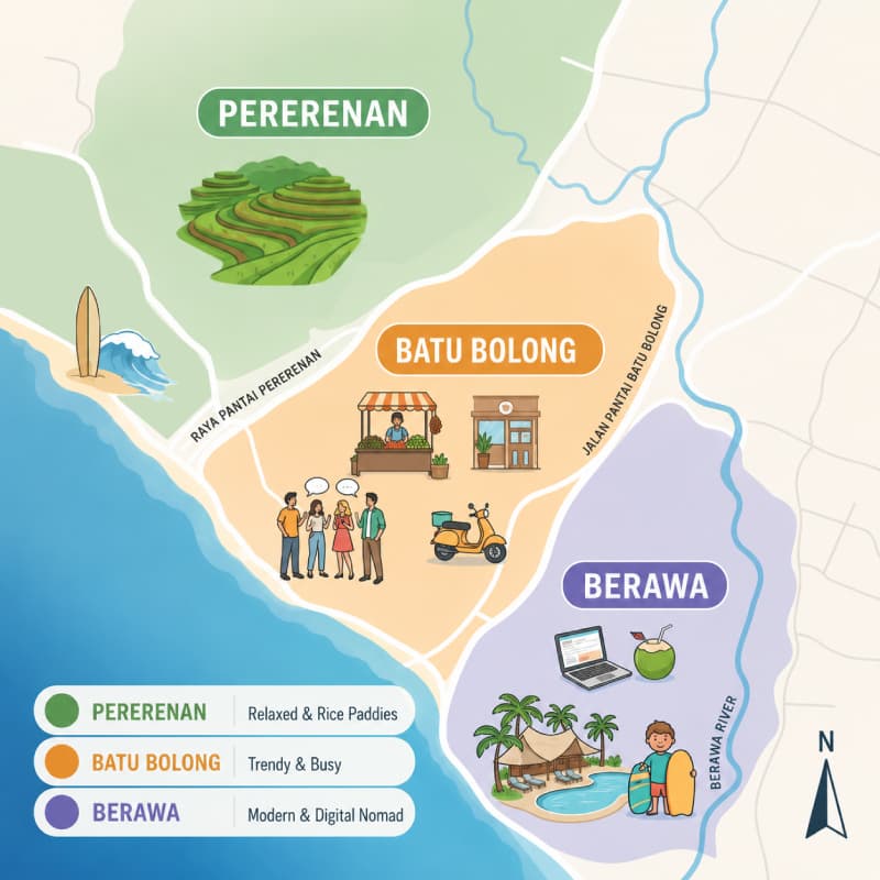 Illustrated map of Canggu areas including Pererenan, Batu Bolong, and Berawa with their characteristics.